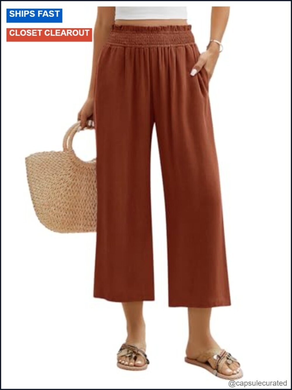 Wide Leg Capri Pants Pull On Linen Cotton Blend Palazzo Trousers Smocked